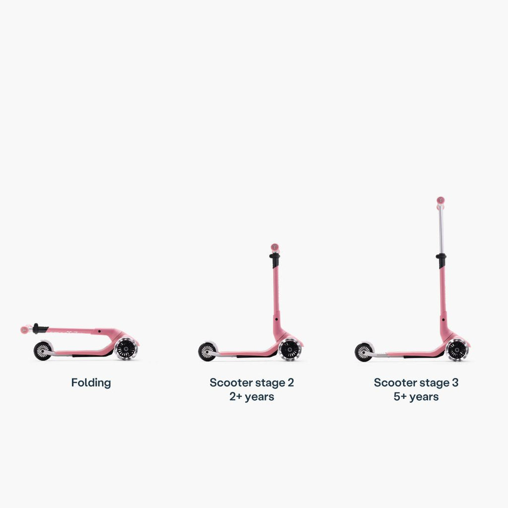 Infografía del scooter SmarTrike Xtend Mini+ Palo Rosa mostrando 3 configuraciones: Plegado, Etapa 2 (2+ años) y Etapa 3 (5+ años), con manubrio progresivamente más alto. Fondo blanco.
