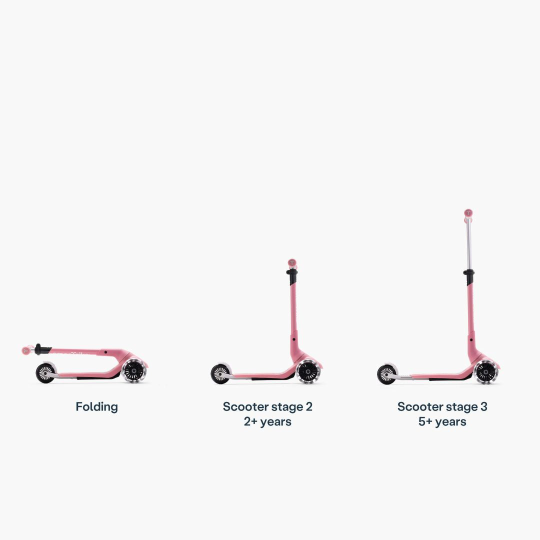 Infografía del scooter SmarTrike Xtend Mini+ Palo Rosa mostrando 3 configuraciones: Plegado, Etapa 2 (2+ años) y Etapa 3 (5+ años), con manubrio progresivamente más alto. Fondo blanco.