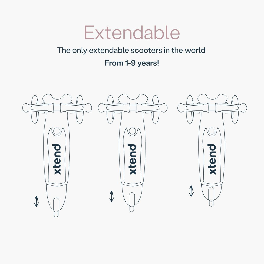 Diagrama del scooter SmarTrike Xtend visto desde arriba mostrando las 3 posiciones del estribo extensible patentado. Texto: "Extendable. The only extendable scooters in the world. From 1-9 years!" Fondo gris muy claro.