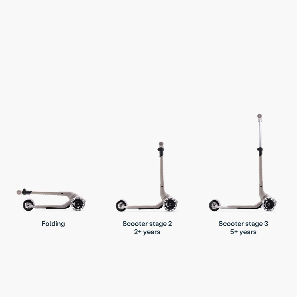 Infografía del scooter SmarTrike Xtend Mini+ Gris mostrando 3 configuraciones: Plegado, Etapa 2 (2+ años) y Etapa 3 (5+ años), con manubrio progresivamente más alto. Fondo blanco.
