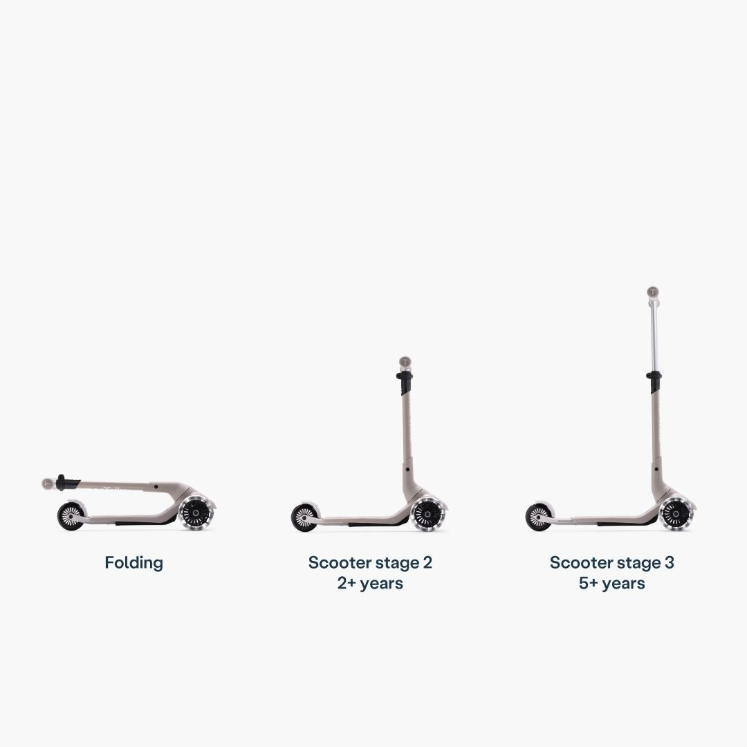 Infografía del scooter SmarTrike Xtend Mini+ Gris mostrando 3 configuraciones: Plegado, Etapa 2 (2+ años) y Etapa 3 (5+ años), con manubrio progresivamente más alto. Fondo blanco.
