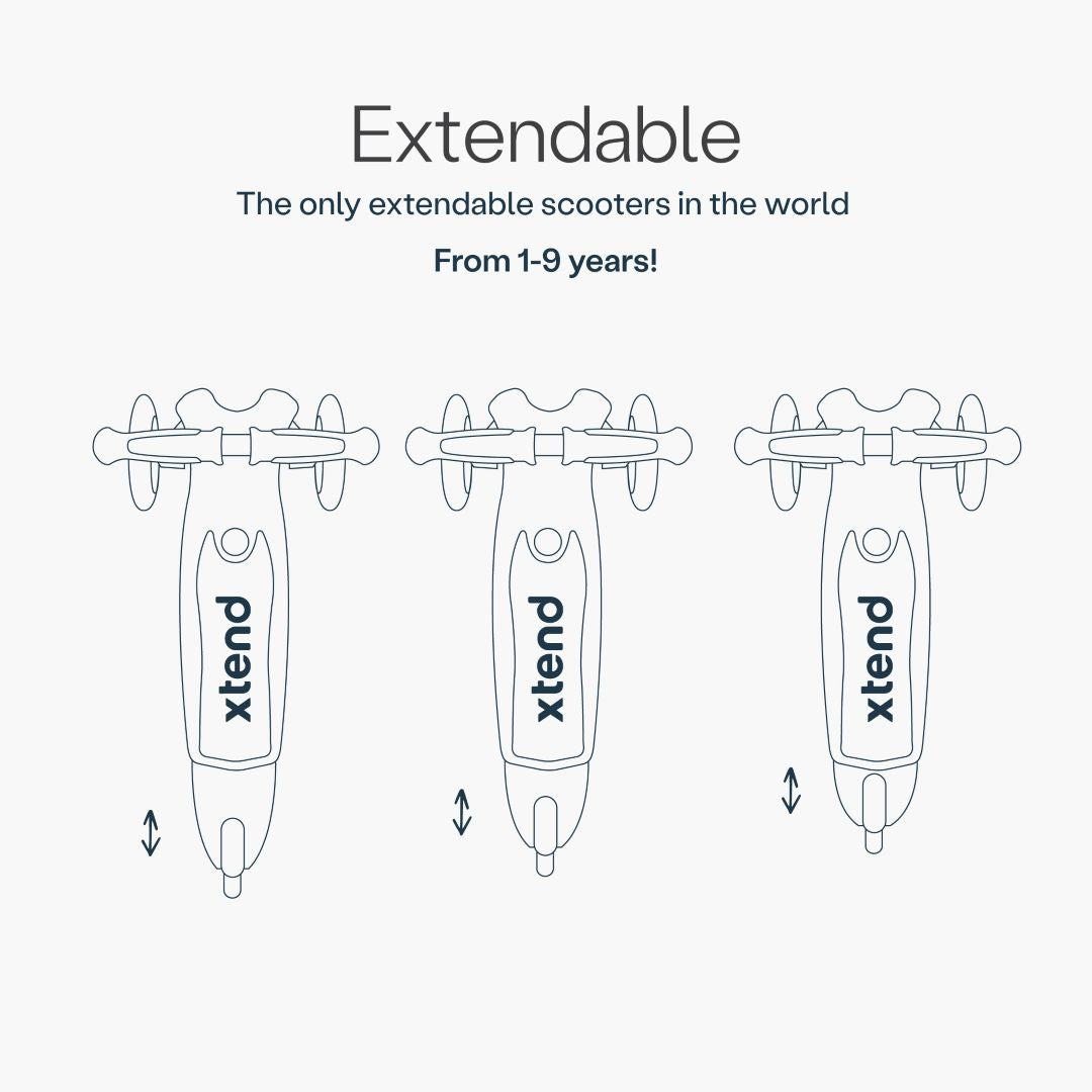 Diagrama del scooter SmarTrike Xtend visto desde arriba mostrando las 3 posiciones del estribo extensible patentado. Texto: "Extendable. The only extendable scooters in the world. From 1-9 years!" Fondo gris muy claro.