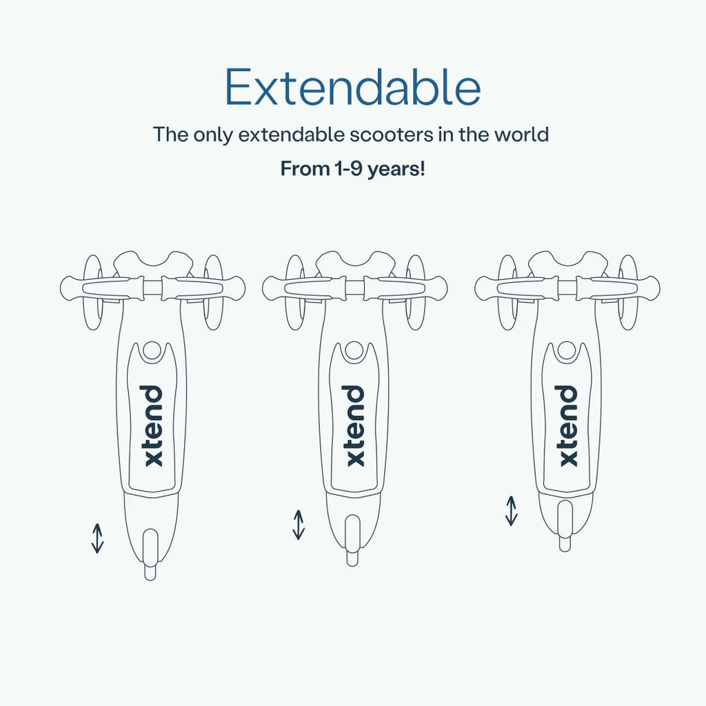 Diagrama ilustrado del scooter SmarTrike Xtend Mini Ride visto desde arriba, mostrando las 3 posiciones de la plataforma extensible patentado. Texto: "Extendable. The only extendable scooters in the world. From 1-9 years!" 
