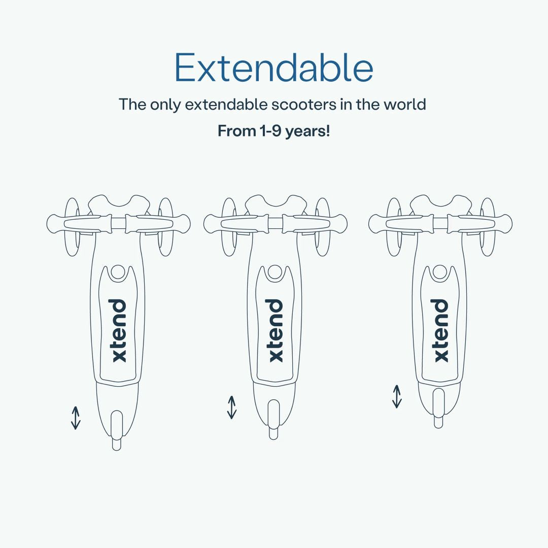 Diagrama ilustrado del scooter SmarTrike Xtend Mini Ride visto desde arriba, mostrando las 3 posiciones de la plataforma extensible patentado. Texto: "Extendable. The only extendable scooters in the world. From 1-9 years!" 