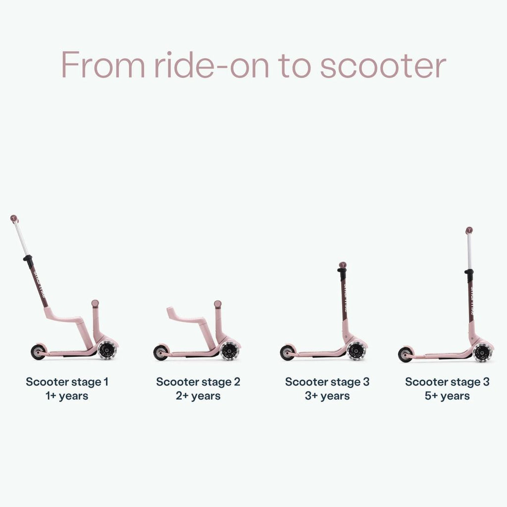 Infografía del SmarTrike Xtend Mini Ride Palo Rosa mostrando las 4 etapas de evolución: Scooter stage 1 (1+ año), Stage 2 (2+ años), Stage 3 (3+ años) y Stage 3 avanzado (5+ años). Texto: "From ride-on to scooter."