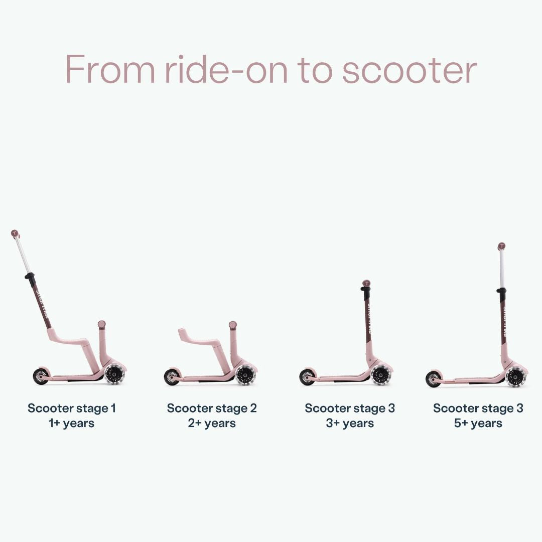 Infografía del SmarTrike Xtend Mini Ride Palo Rosa mostrando las 4 etapas de evolución: Scooter stage 1 (1+ año), Stage 2 (2+ años), Stage 3 (3+ años) y Stage 3 avanzado (5+ años). Texto: "From ride-on to scooter."