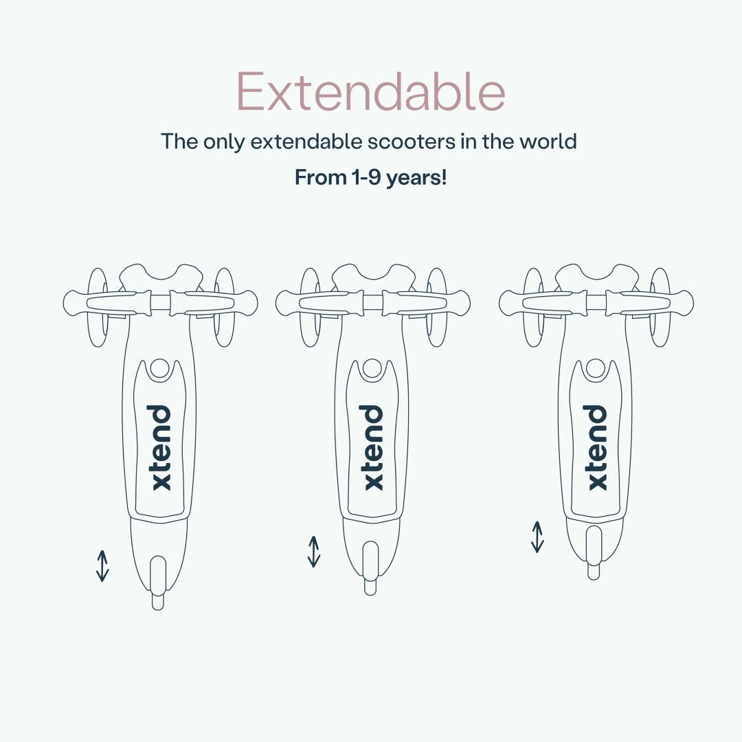 Diagrama ilustrado del scooter SmarTrike Xtend Mini Ride visto desde arriba, mostrando las 3 posiciones de la plataforma extensible patentado. Texto: "Extendable. The only extendable scooters in the world. From 1-9 years!" 