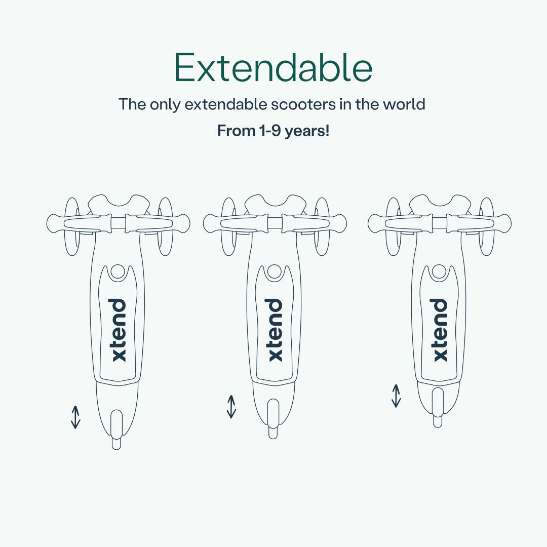 Diagrama ilustrado del scooter SmarTrike Xtend Mini Ride visto desde arriba, mostrando las 3 posiciones de la plataforma extensible patentado. Texto: "Extendable. The only extendable scooters in the world. From 1-9 years!" 