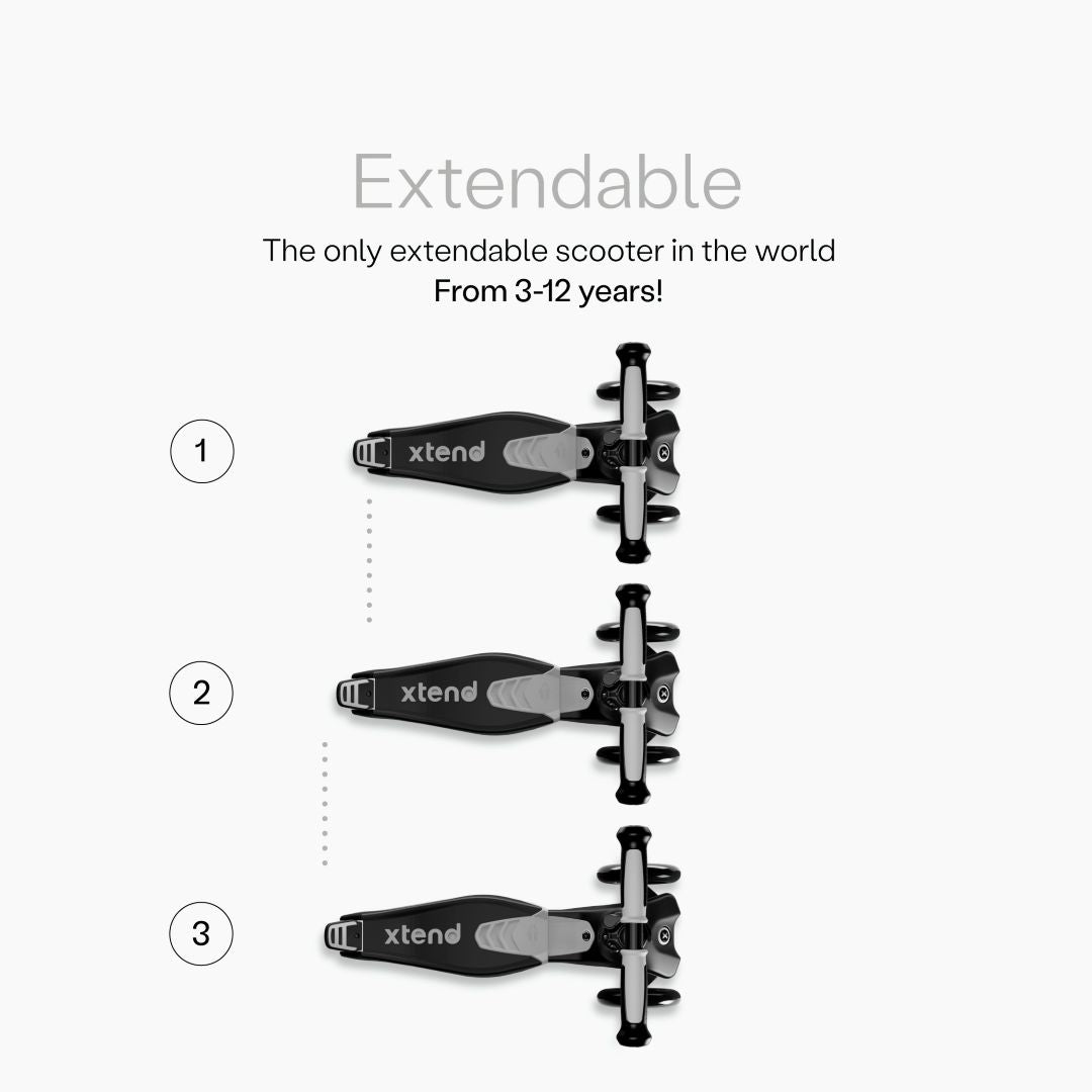 Diagrama del scooter SmarTrike Xtend visto desde arriba mostrando las 3 posiciones numeradas del estribo extensible patentado. Texto: "Extendable. The only extendable scooter in the world. From 3-12 years!" Fondo gris claro.