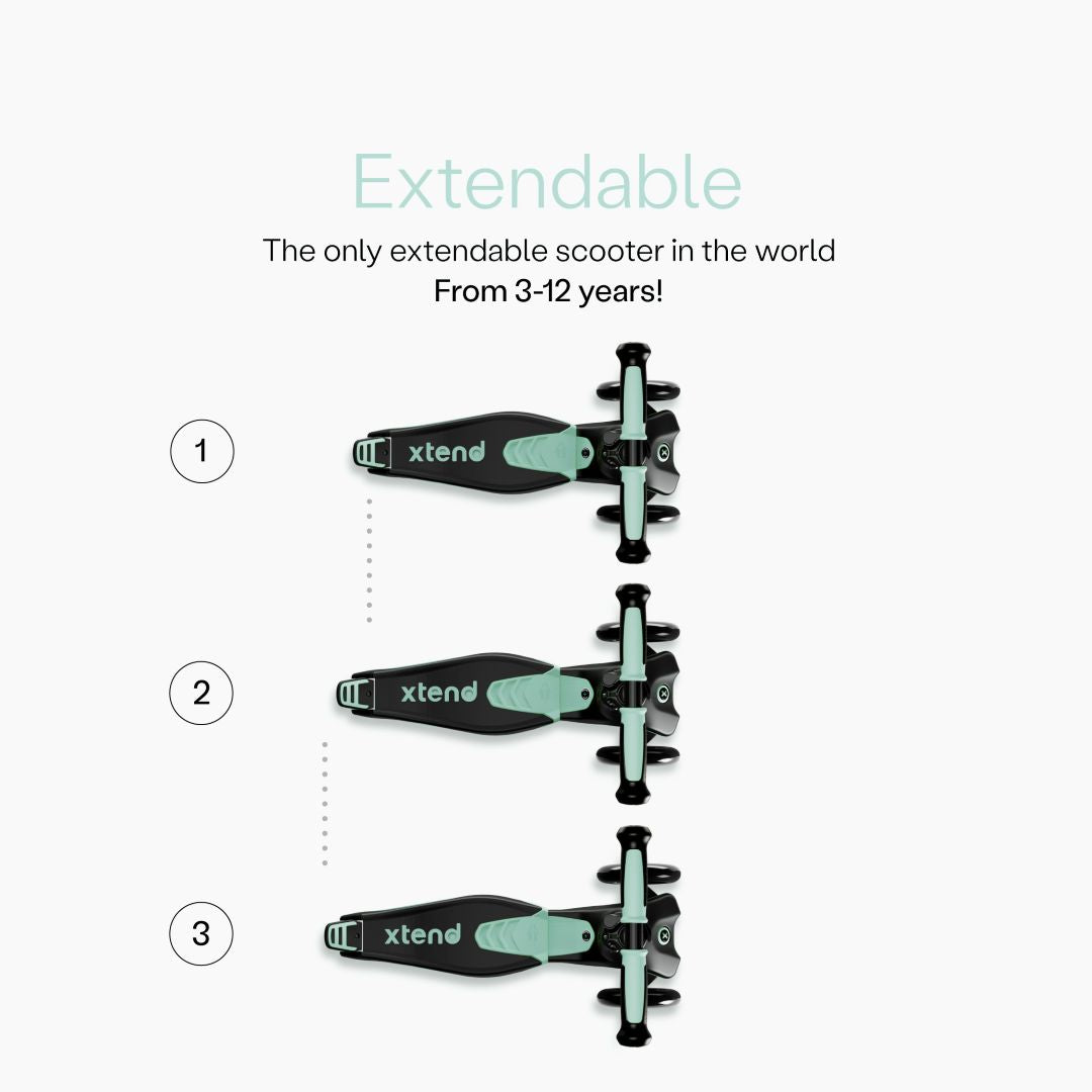 Diagrama del scooter SmarTrike Xtend visto desde arriba mostrando las 3 posiciones numeradas del estribo extensible patentado. Texto: "Extendable. The only extendable scooter in the world. From 3-12 years!" Fondo gris claro.