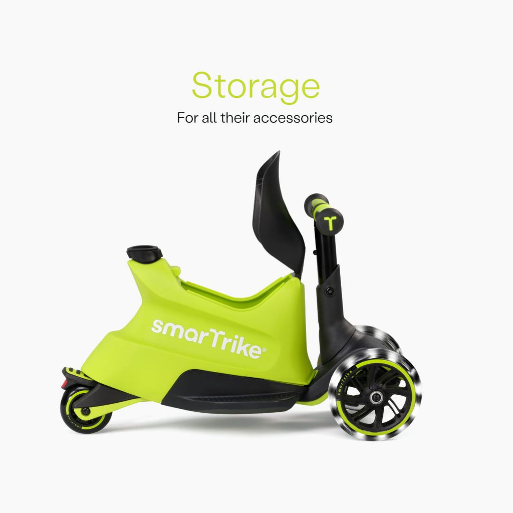 Vista lateral del scooter SmarTrike Xtend Ride-On Lima en modo ride-on mostrando el compartimento de almacenamiento abierto bajo el asiento y ruedas LED. Texto: "Storage. For all their accessories." Fondo blanco.