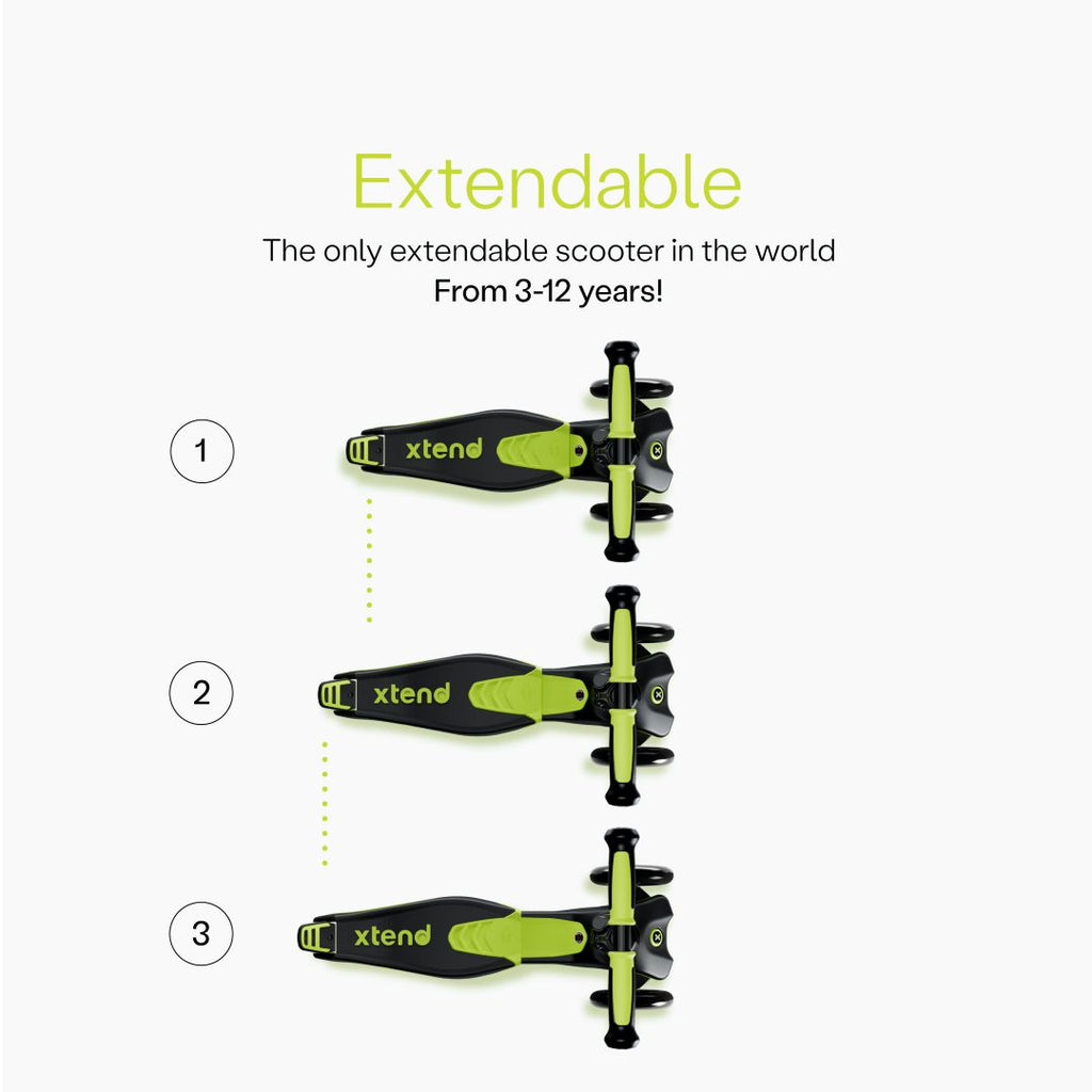 Diagrama del scooter SmarTrike Xtend visto desde arriba mostrando las 3 posiciones numeradas del estribo extensible patentado. Texto: "Extendable. The only extendable scooter in the world. From 3-12 years!" Fondo gris claro.