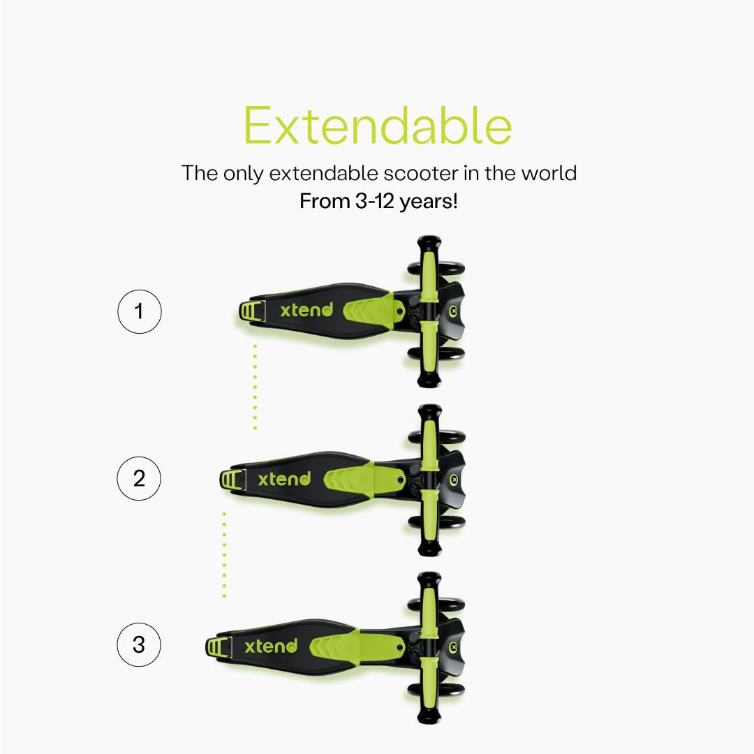 Diagrama del scooter SmarTrike Xtend visto desde arriba mostrando las 3 posiciones numeradas del estribo extensible patentado. Texto: "Extendable. The only extendable scooter in the world. From 3-12 years!" Fondo gris claro.