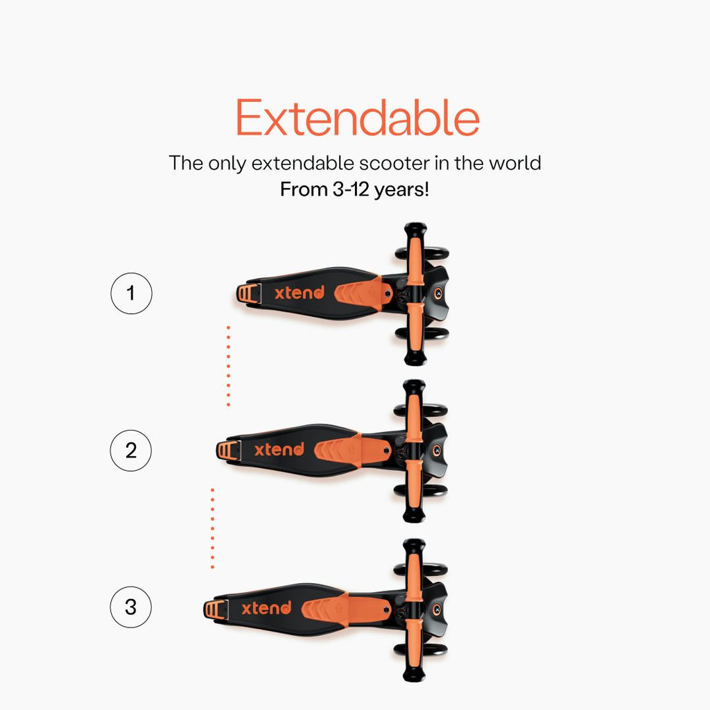 Diagrama del scooter SmarTrike Xtend visto desde arriba mostrando las 3 posiciones numeradas del estribo extensible patentado. Texto: "Extendable. The only extendable scooter in the world. From 3-12 years!" Fondo gris claro.
