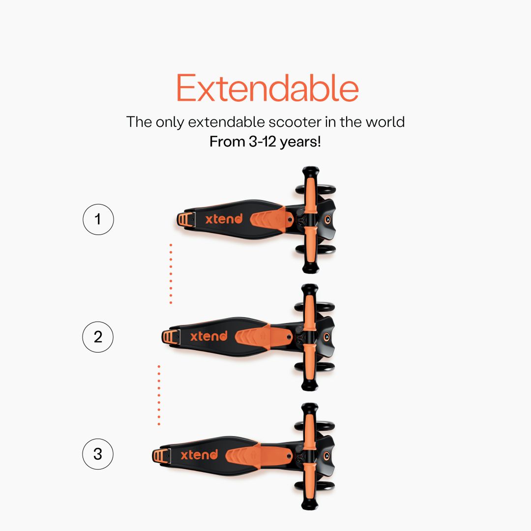 Diagrama del scooter SmarTrike Xtend visto desde arriba mostrando las 3 posiciones numeradas del estribo extensible patentado. Texto: "Extendable. The only extendable scooter in the world. From 3-12 years!" Fondo gris claro.