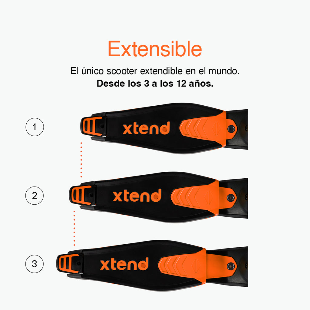 Diagrama del scooter SmarTrike Xtend naranjo visto desde arriba mostrando las 3 posiciones de la plataforma extensible patentado. Texto: "Extensible. El único scooter extendible en el mundo. Desde los 3 a los 12 años." Fondo blanco.