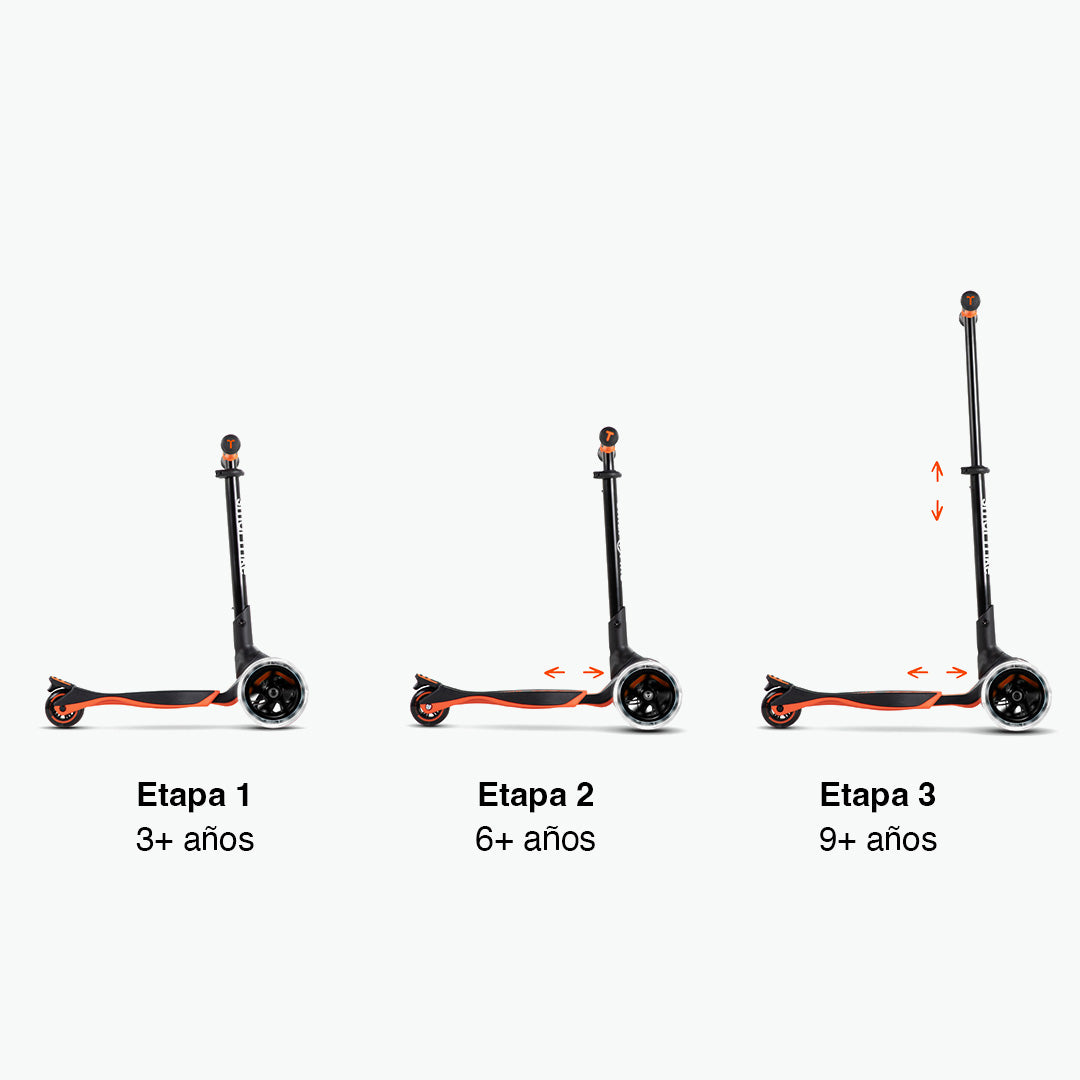 Infografía del scooter SmarTrike Xtend naranja mostrando sus 3 etapas evolutivas: Etapa 1 (3+ años), Etapa 2 (6+ años) y Etapa 3 (9+ años), con estribo y manubrio progresivamente más largos. Fondo blanco.