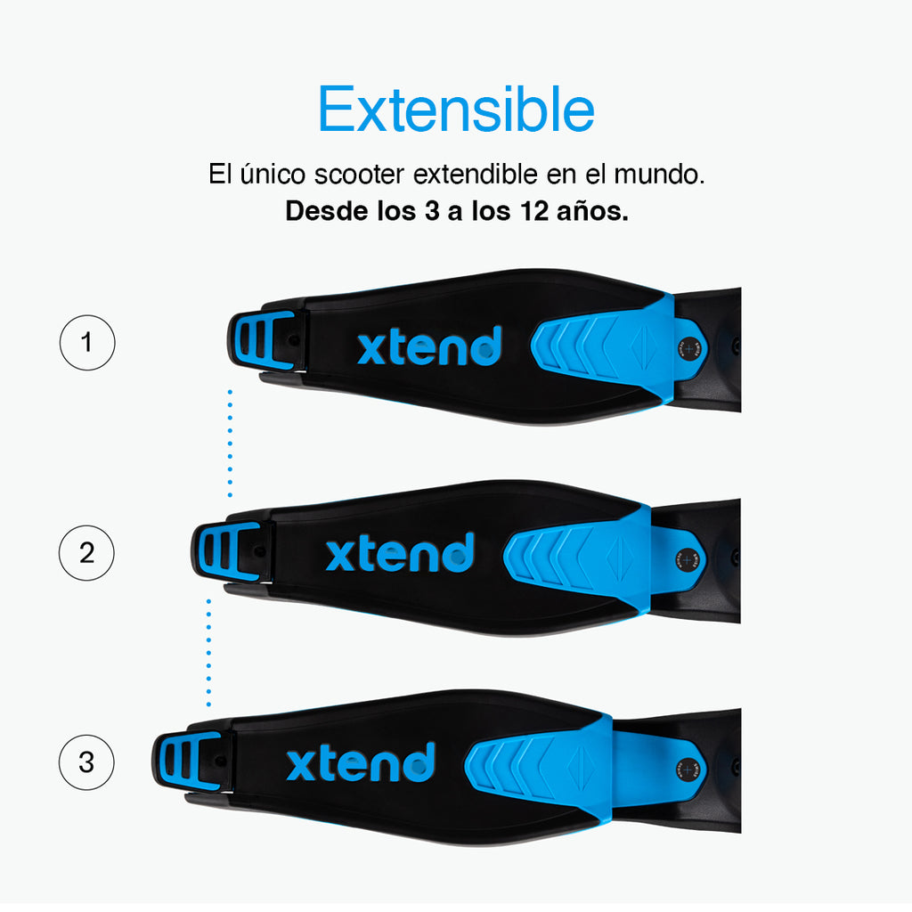 Diagrama del scooter SmarTrike Xtend azul visto desde arriba mostrando las 3 posiciones de la plataforma extensible patentado. Texto: "Extensible. El único scooter extendible en el mundo. Desde los 3 a los 12 años." Fondo blanco.