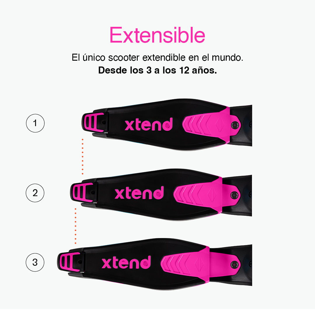 Diagrama del scooter SmarTrike Xtend rosa visto desde arriba mostrando las 3 posiciones de la plataforma extensible patentado. Texto: "Extensible. El único scooter extendible en el mundo. Desde los 3 a los 12 años." Fondo blanco.